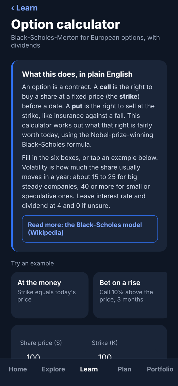 Black-Scholes option calculator